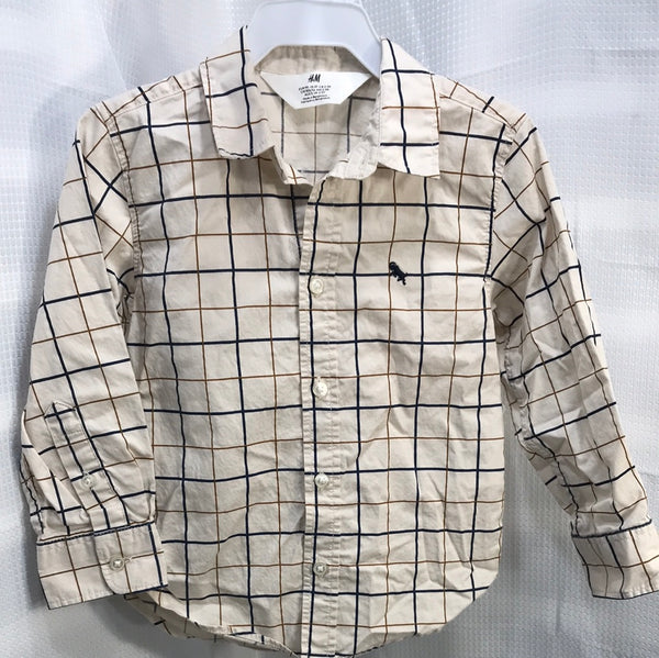 H&M Cream Brown & Navy Blue Check Shirt Boys 3T