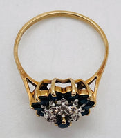 VINTAGE Blue Saphire & Diamond Cluster Flower 10K Yellow Gold Ring Size 7 (1.885g)