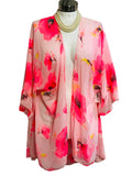 Sheer Bright Pink FLowers Open Front Flowy Shawl/Cardigan/Cover Up Ladies ONE SIZE