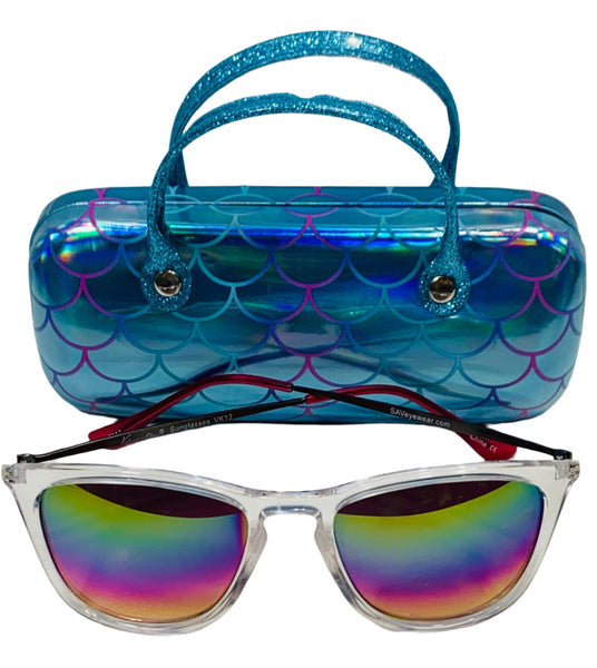 Sunglasses Clear Plastic with Rainbow Lenses w/Mermaid Eyeglass Case