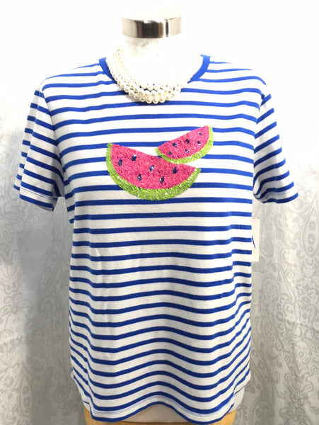 Kim Rogers Shirt Blue White Stripe Sequin Watermelon Ladies M