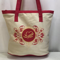 Canvas Tote Bag Red & Tan with Embroidered Gold Heart 14" x 15"