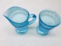 Vintage 2 PC Bryce Higbee Blue Willow Oak Glass Pitcher, Goblet Set