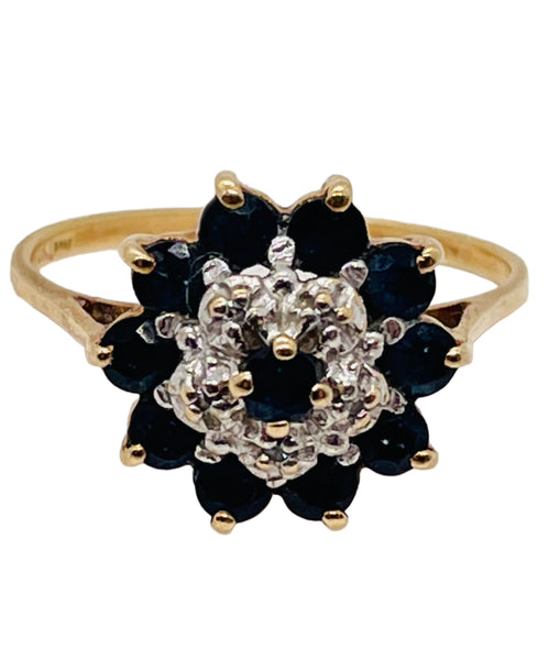 VINTAGE Blue Saphire & Diamond Cluster Flower 10K Yellow Gold Ring Size 7 (1.885g)