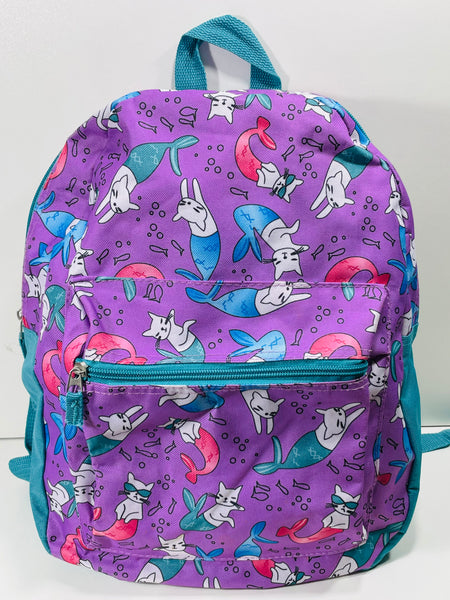 Purple & Teal Backpack with Mermaid Kitties SO CUTE! LT STAINING