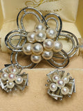 Vintage Sterling Silver 3 PC Cluster White Pearl Set: Brooch/Pendant, Earrings