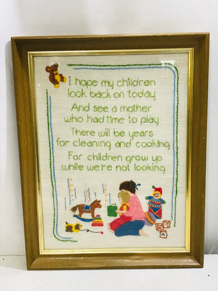 Vintage Framed Needlepoint Children Growing Up 18" x 14"