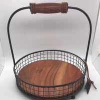 Round Wire Basket with Natural Wood Plate Great for Table Condiments 10"w x 12"t