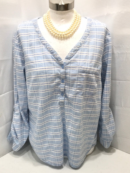 Faded Glory Blue and White Stripe Shirt Ladies L 12/14