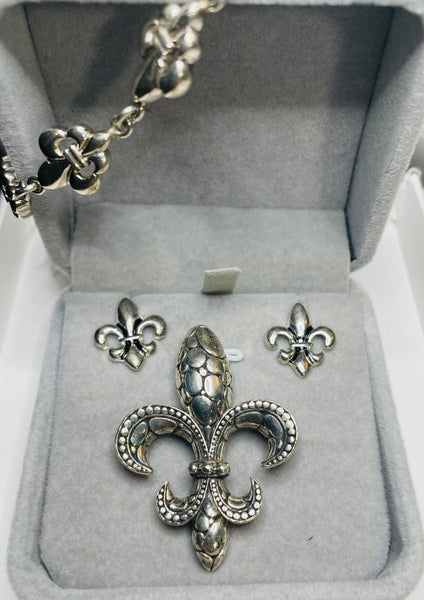 Sterling Silver 925 Fleur de Lis Set: Earrings, Bracelet, Pendant