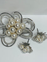 Vintage Sterling Silver 3 PC Cluster White Pearl Set: Brooch/Pendant, Earrings