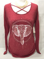 Graphic Long Sleeve Burgundy Shirt Gold White Accented Elephant Juniors L