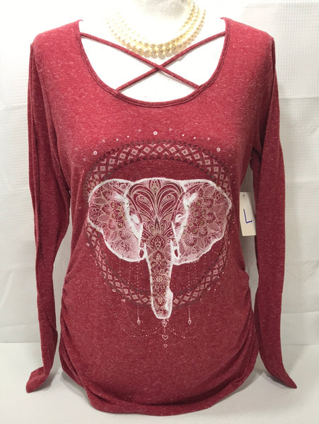 Graphic Long Sleeve Burgundy Shirt Gold White Accented Elephant Juniors L