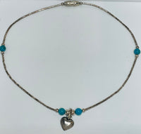 Sterling Siler 925 Anklet with Blue Beads/Silver Heart Dangly 3" Dia