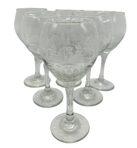 6 PC Wine Glass Set Etched Winter Scene Worn Gold Rims