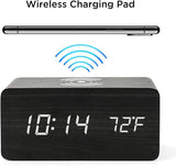 TESTED LED Wireless Phone Charging Alarm Clock Black Wood Grain Invisible LED Display WEAR on EDGE