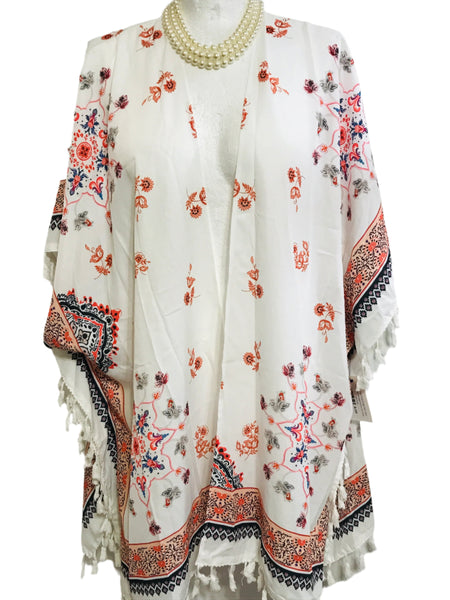 Sheer White Floral Fringe Open Front Flowy Shawl/Cardigan/Cover Up Ladies ONE SIZE