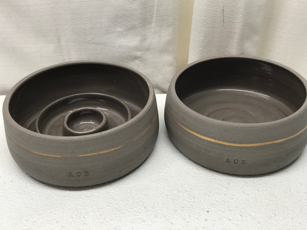 ACE Clay Pottery 2 PC Pet Bowl Set Gray with Gold Trim