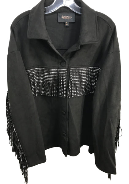 Sweet Rain Fashion Shacket Black Fleece with Studded Fringe Ladies M