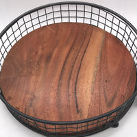 Round Wire Basket with Natural Wood Plate Great for Table Condiments 10"w x 12"t