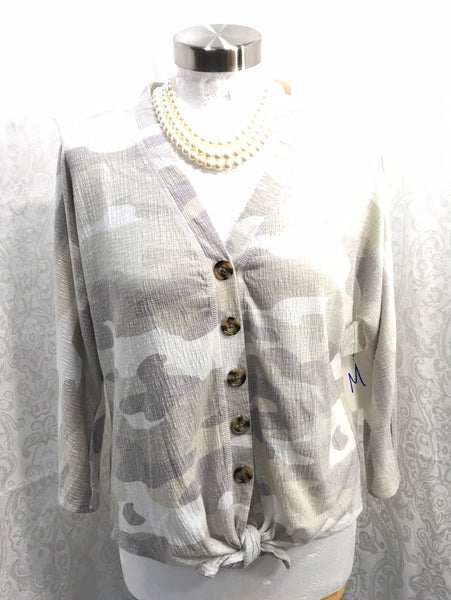 New DIrections Shirt Gray Camo Knot Front Ladies M