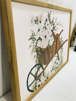 Hobby Lobby Framed Textured Canvas Painting of Wooden Wagon with White Flowers 22" x 16"