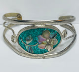 Vintage Sterling Silver 925 Mexico Cuff Bracelet with Abalone Inlay Flower