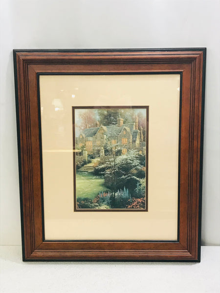 Framed Glass Art Thomas Kinkade Cottage with Dark Wood Frame 20" x 17"