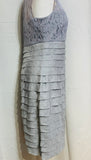 EUC London Times Ball Dress Metallic Silver & Gray Slim Fit Knee Length Beaded Neck Ladies 8