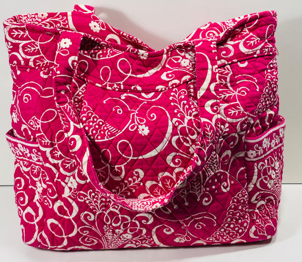 Vera Bradley Twirly Birds Quilted Tote Shoulder Bag Pink & White LT STAINING/WEAR