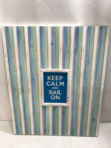 Distressed Blue, Green, White Striped Wall Art "Keep Calm & Sail On" 23" x 18"