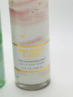 LT USE Bath & Body Works 2 PC Body Fragrance Mist Set: Fresh Gardenia, Fresh Coconut & Cotton