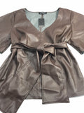 Eloquii (NWT!) Brown Vegan Leather Tie Waist V-Neck Flutter Sleeve Shirt Ladies 22