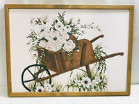 Hobby Lobby Framed Textured Canvas Painting of Wooden Wagon with White Flowers 22" x 16"