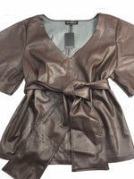 Eloquii (NWT!) Brown Vegan Leather Tie Waist V-Neck Flutter Sleeve Shirt Ladies 22