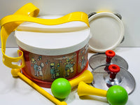 Vintage Toy 1979 Fisher Price Marching Band Kit: Drum (craked on bottom) with Hand Instruments