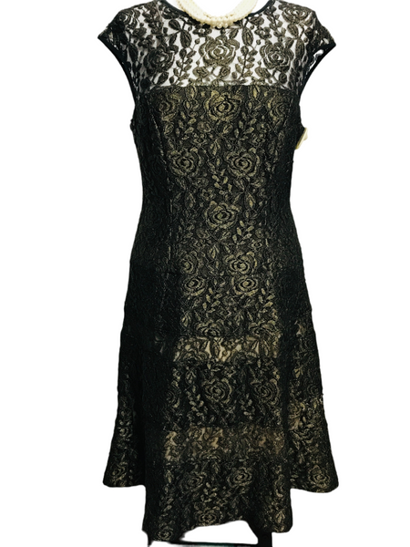 NWT Maggy London Bridesmaid/Prom/Ball Dress Black & Gold Floral Lace Ladies 10