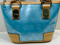 VINTAGE XOXO 100961 Hand Bag Purse Metallic Baby Blue Vinyl Logo Staining On Lining