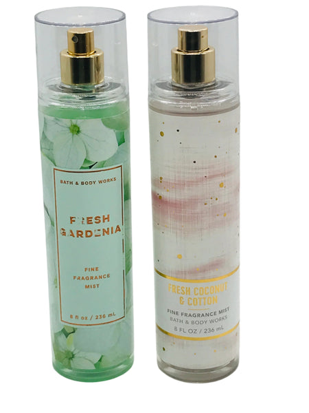 LT USE Bath & Body Works 2 PC Body Fragrance Mist Set: Fresh Gardenia, Fresh Coconut & Cotton