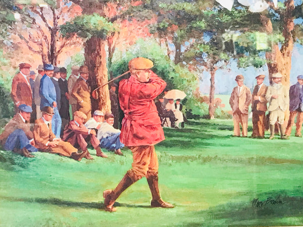 Golf Art In Maroon Frame - TWENTIES By Artist Brehm - Golfer in Yellow Hat