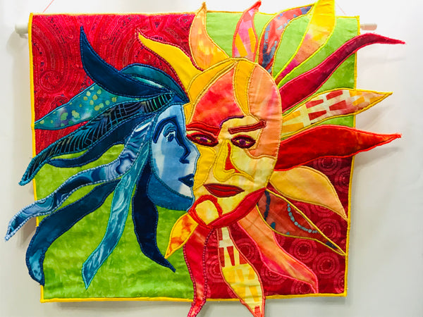 HANDMADE Quilted Ms Moon & Mr Sun Wall Hanging 22" x 18" SO UNIQUE