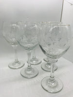 6 PC Wine Glass Set Etched Winter Scene Worn Gold Rims