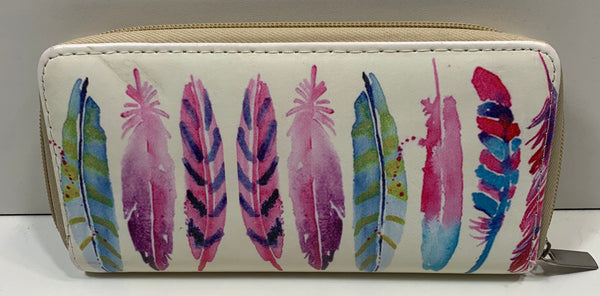 Wallet Cream Zipper Closure with Colorful Feathers 8" x 4"