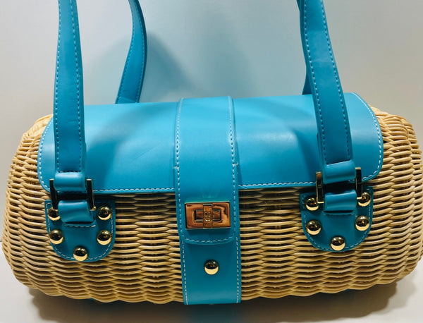 SCUFFS on STRAPS Etienne Aigner Rattan Basket Weave Purse with Teal Leather Flap/Straps Yellow Liner