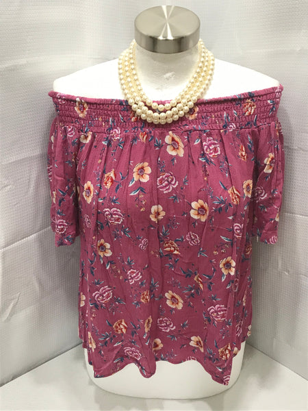 Pink Rose Fusha Floral Off the Shoulder Shirt Juniors L