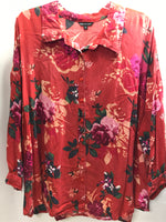 Unique Spectrum Floral Red Button Up Long Sleeve Shirt Ladies 3XL